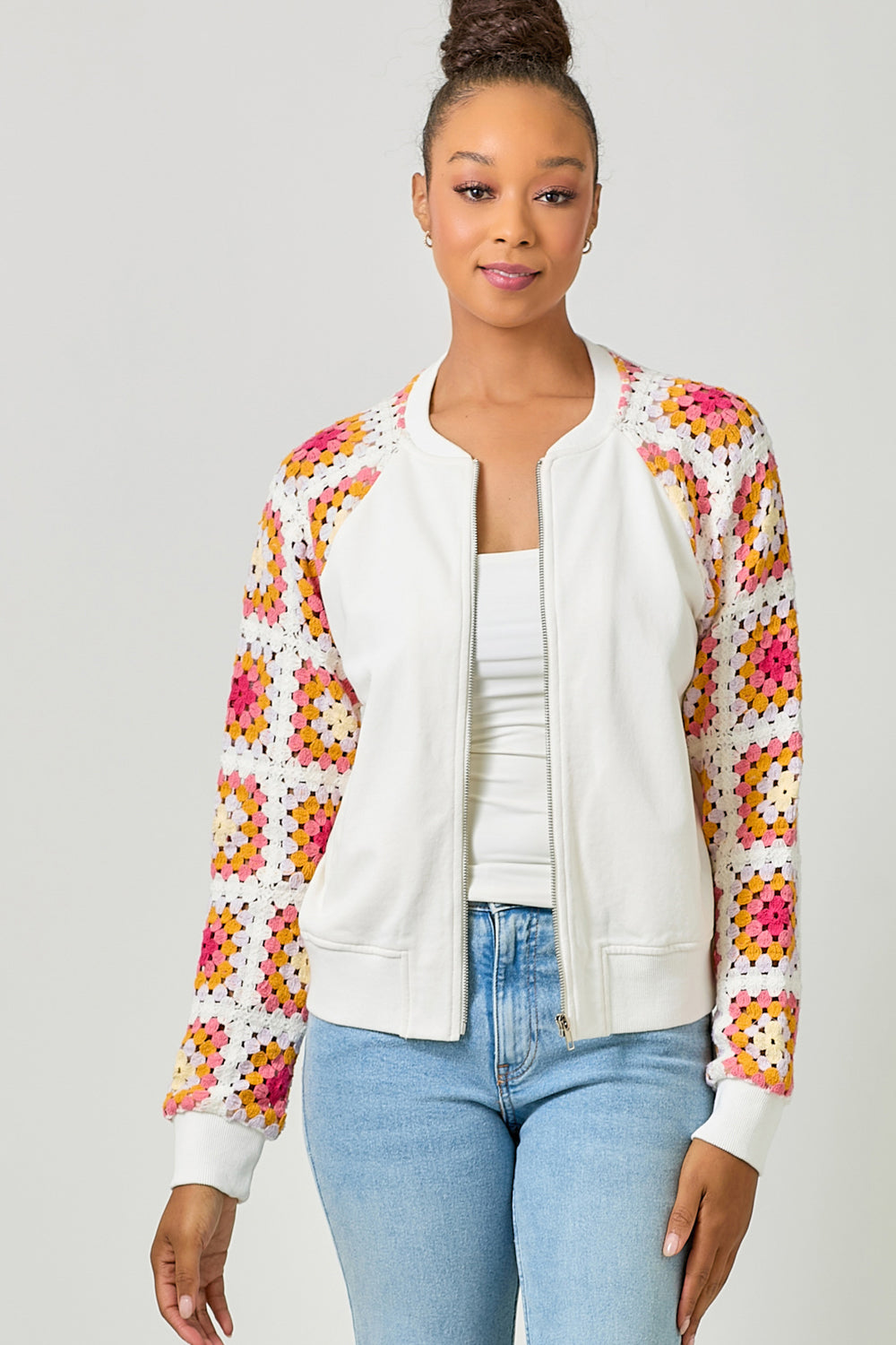 Crochet Detail Bomber Jacket Off White Combo