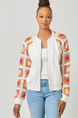 Crochet Detail Bomber Jacket Off White Combo
