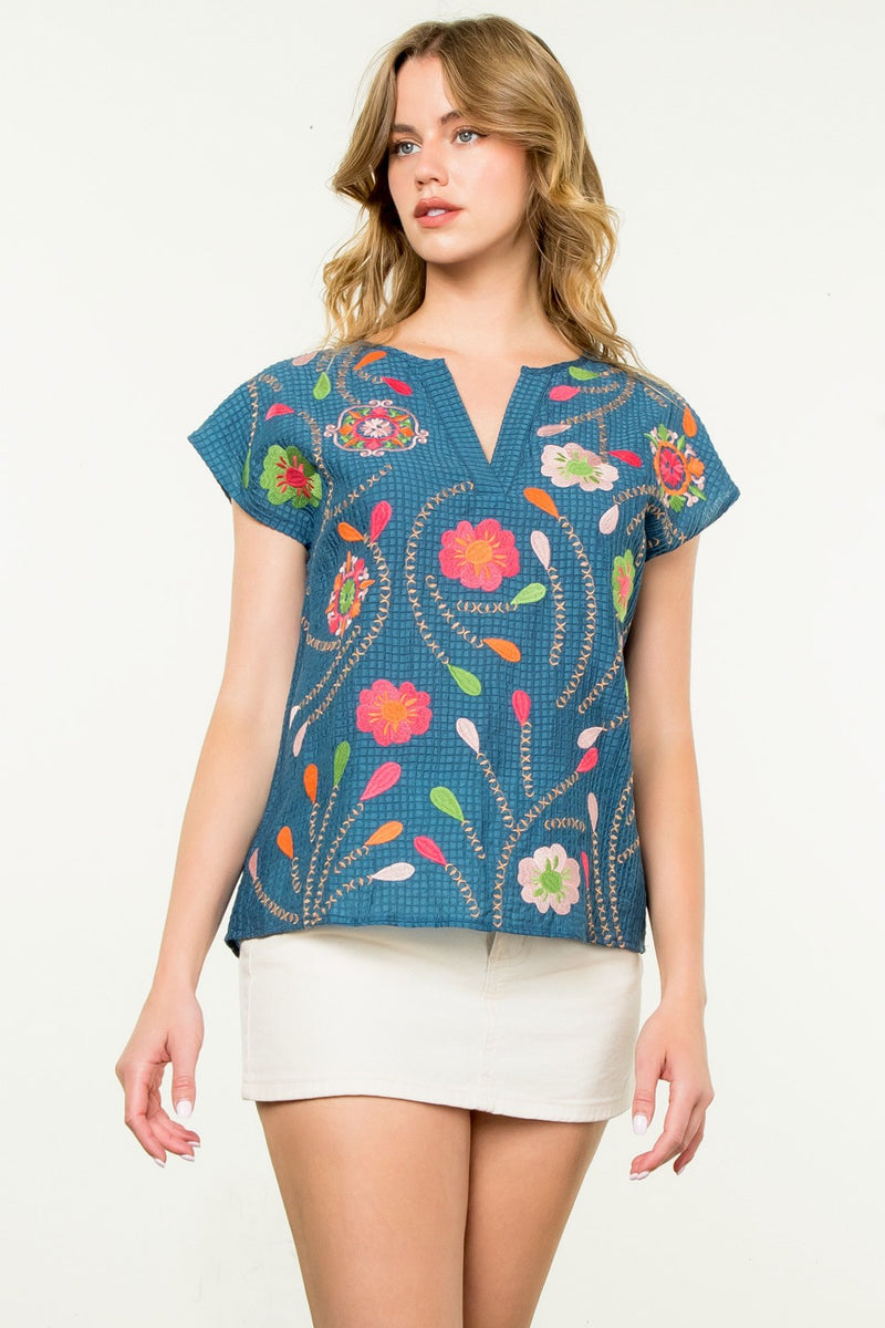 Flower Emb. Textured Notch Neck Top Blue