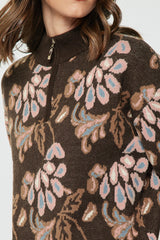 3/4 Zip Floral Jacquard Sweater Chocolate