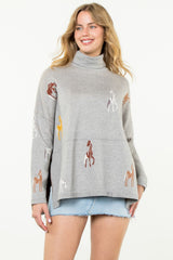 Horse Print Turtleneck Sweater Heather Grey