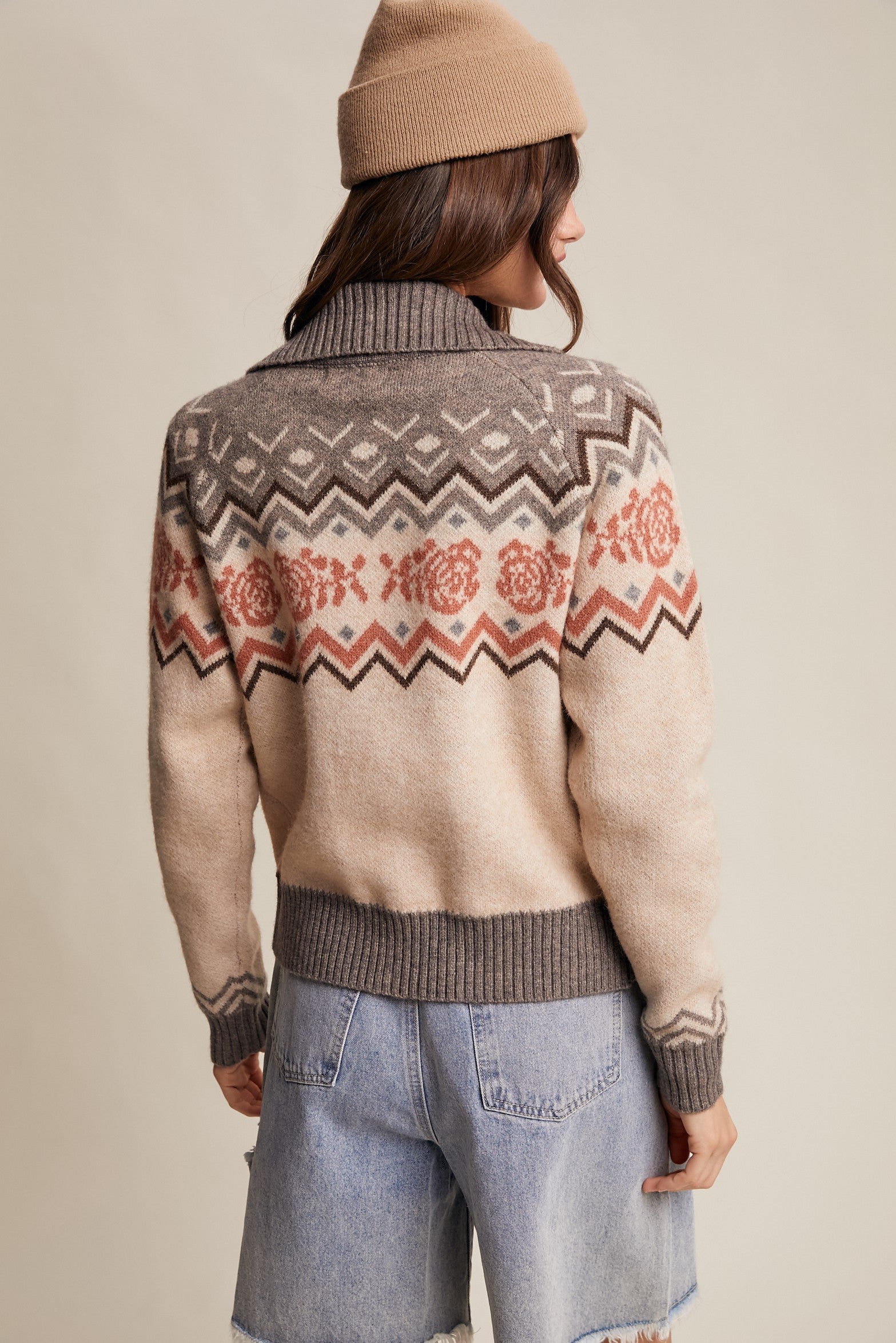 Retro Floral Knit Zip-up Cardigan Grey Multi
