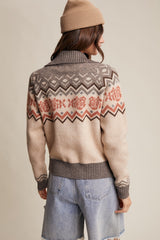 Retro Floral Knit Zip-up Cardigan Grey Multi