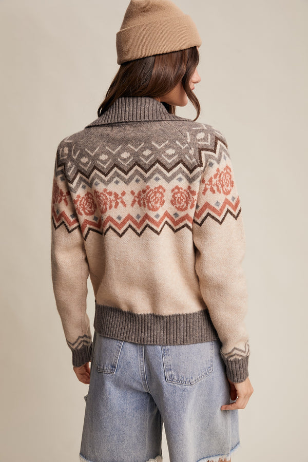 Retro Floral Knit Zip-up Cardigan Grey Multi