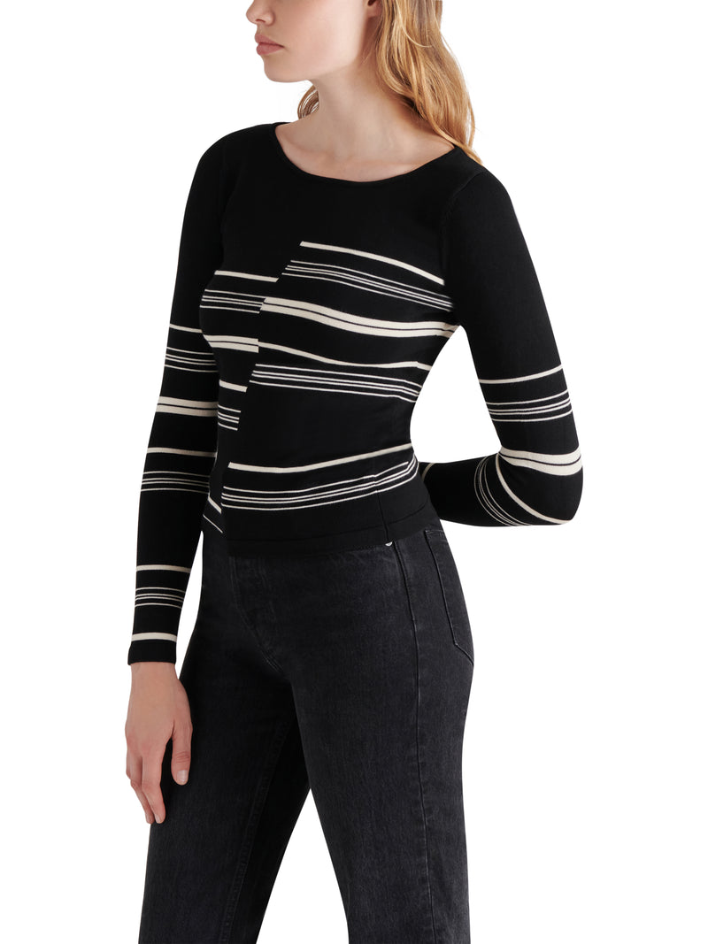 Joanne Boat Neck Mixed Stripe Ribbed Sweater Black Multi