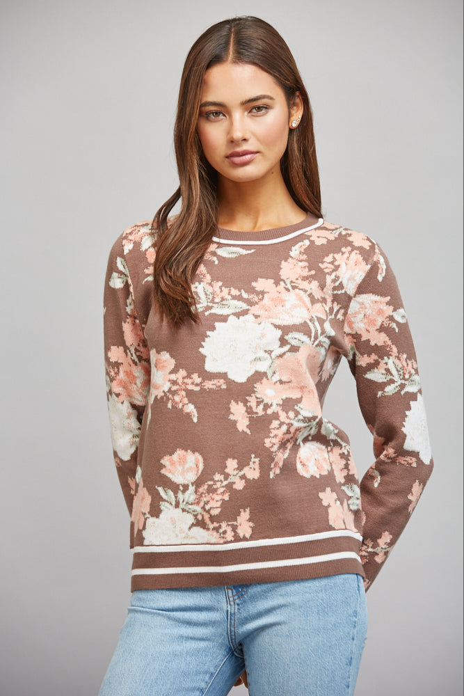 Vintage Floral Jacquard Stripe Hem Sweater Brown Multi