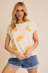 Round Neck Sleeveless Orange Patch Sweater Top Cream
