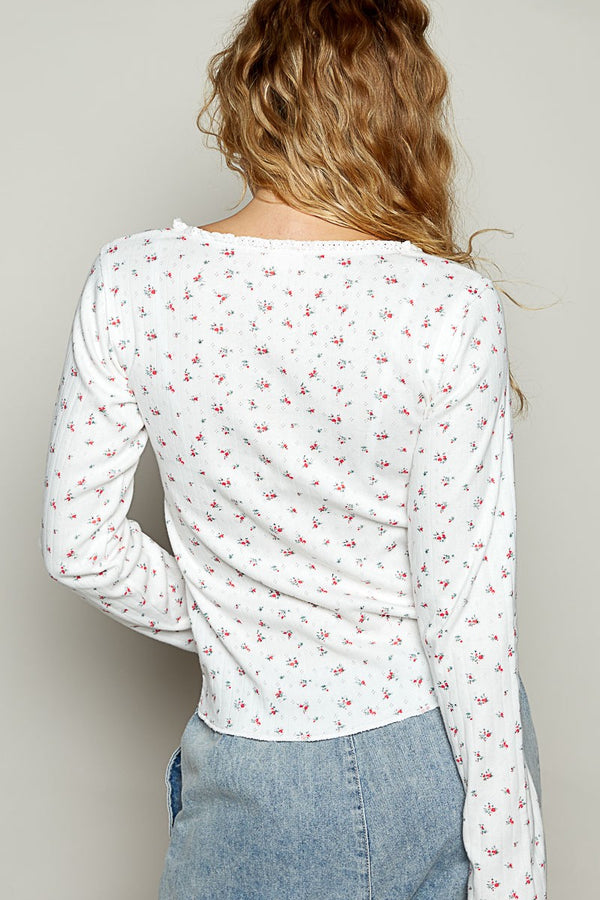 Vintage Washed Ruffle Details Mini Floral Long Sleeve White Floral