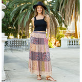 Tiered Western Mix Patched Maxi Skirt Latte