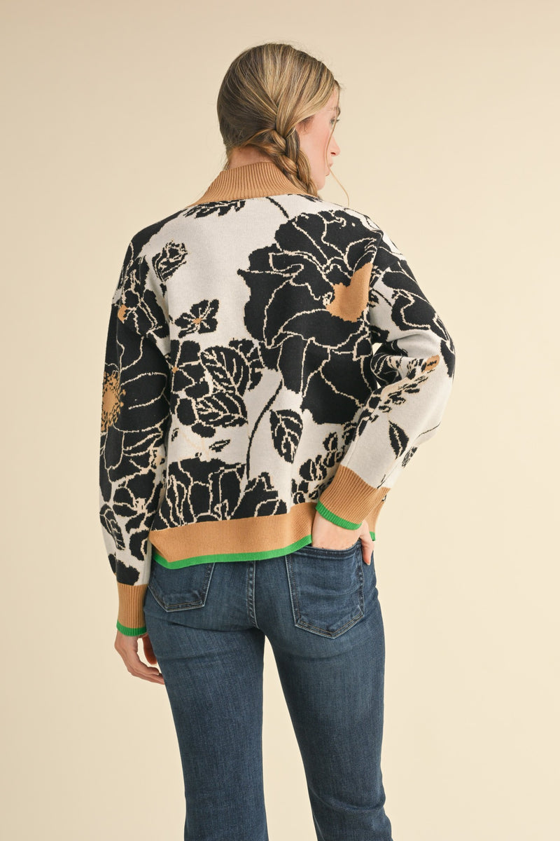 Floral Knit Mock Neck Half Zip Sweater Camel Black