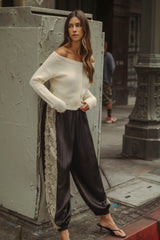 High Waisted Lace Trim Satin Balloon Pants Mocha