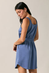 Scoop Neck Sleeveless Drawstring Waist Mini Dress Denim Blue