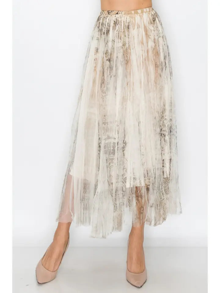 Vintage Print Mesh Pleated Maxi Skirt Taupe