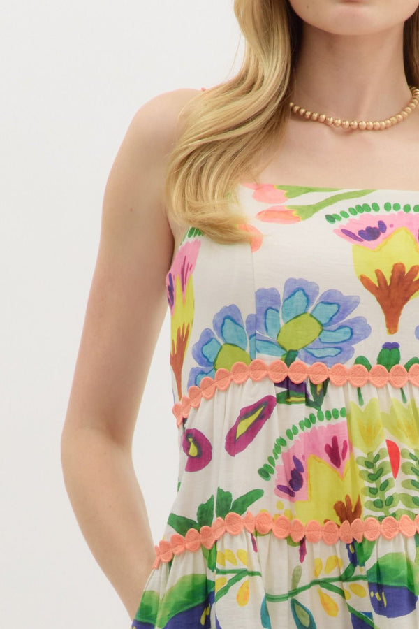 Botanical Printed Rickrack Mini Dress Peach Green