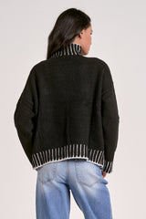 Striped Detail Hem Turtleneck Sweater Black