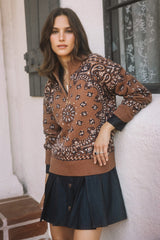 Paisley Quarter Zip Printed Sweater Caramel
