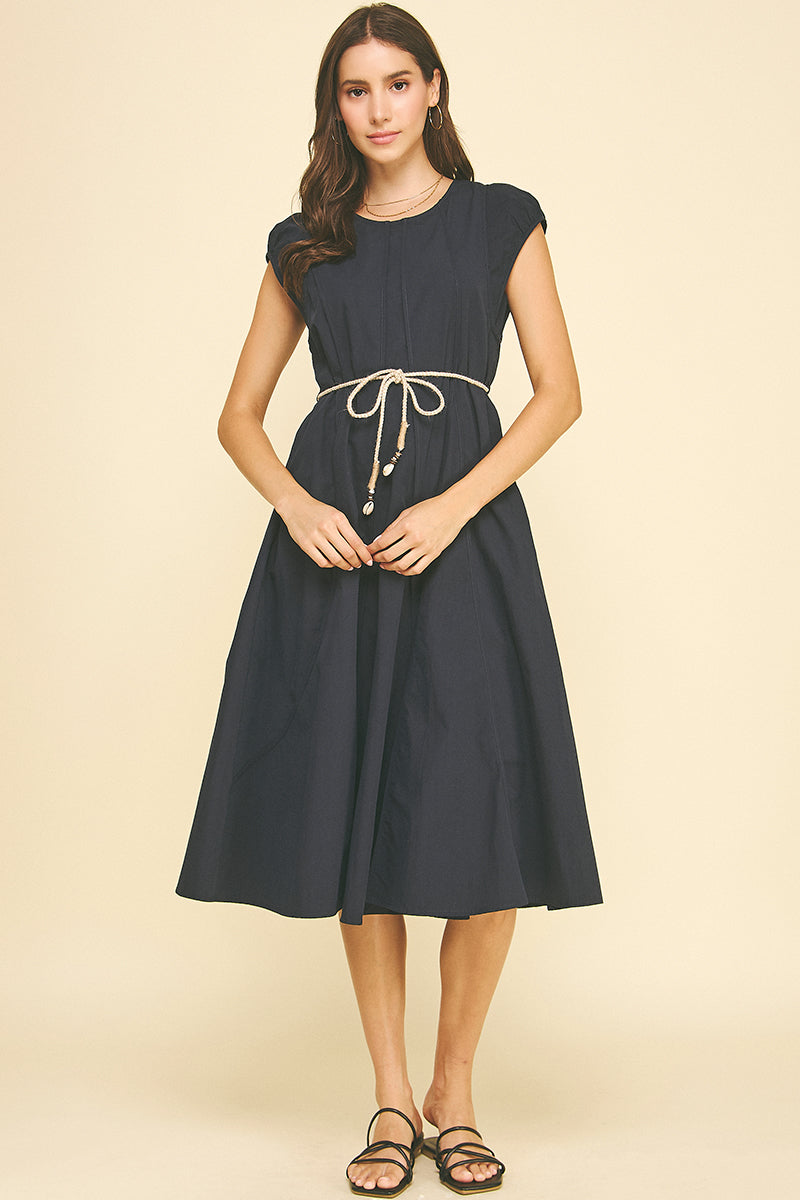Rope Belt Stitched Seam Detail Midi Dress Navy