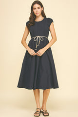 Rope Belt Stitched Seam Detail Midi Dress Navy