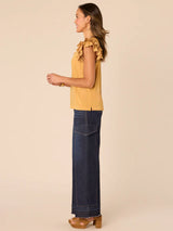 Double Ruffle Shoulder Notched Scoop Neck Tank Dark Mustard Gold