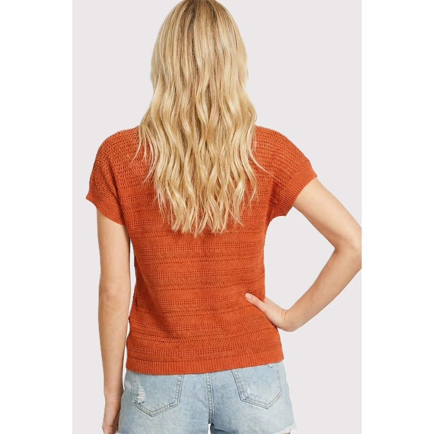 Wide Neck Pointelle Short Sleeve Sweater Top Dark Orange