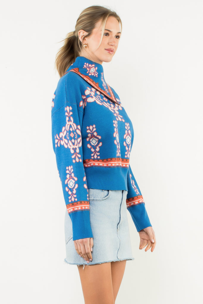 Bandana Collar Jacquard Sweater Blue