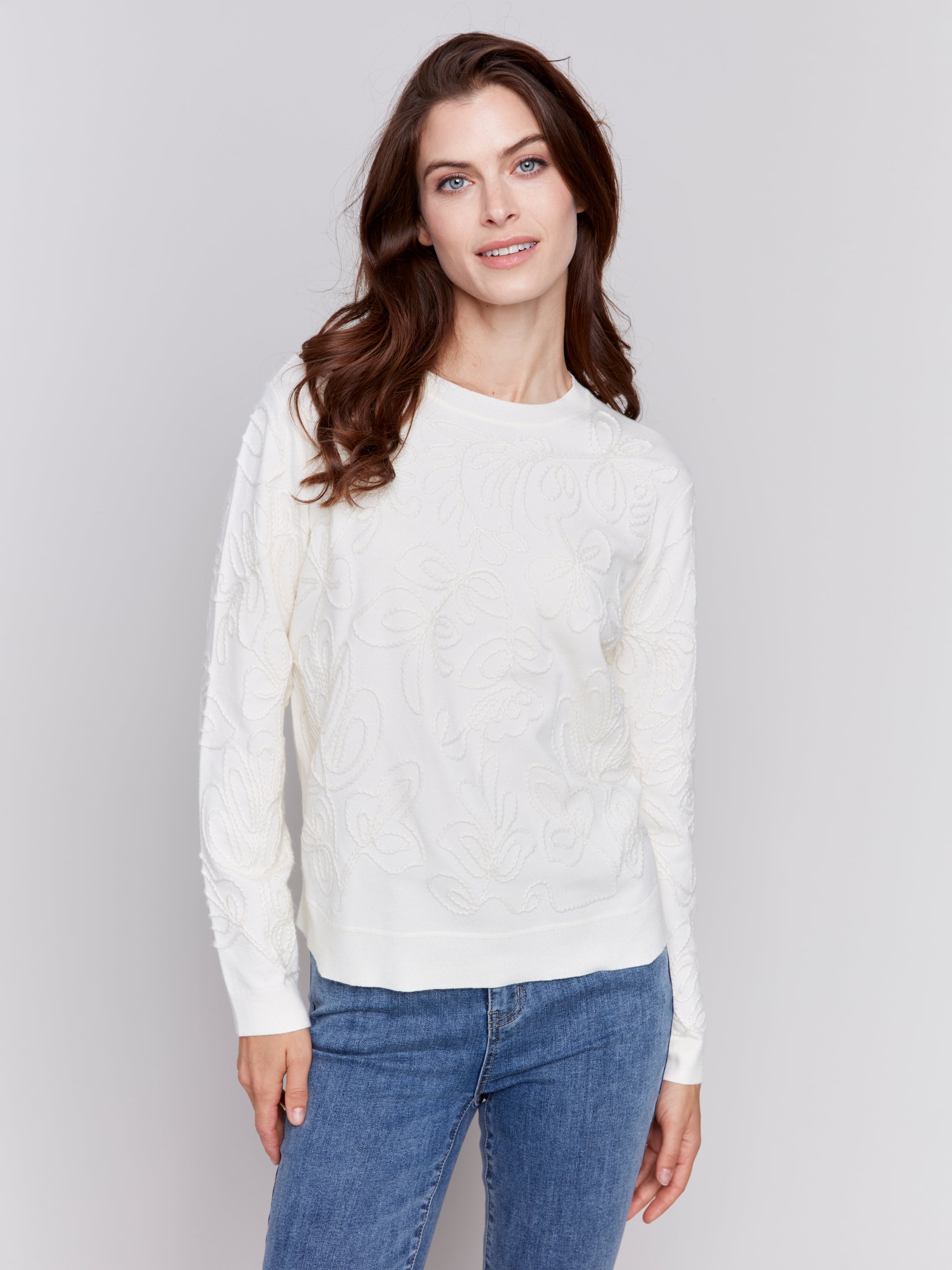 Jacquard Knit Round Hem Sweater Ecru