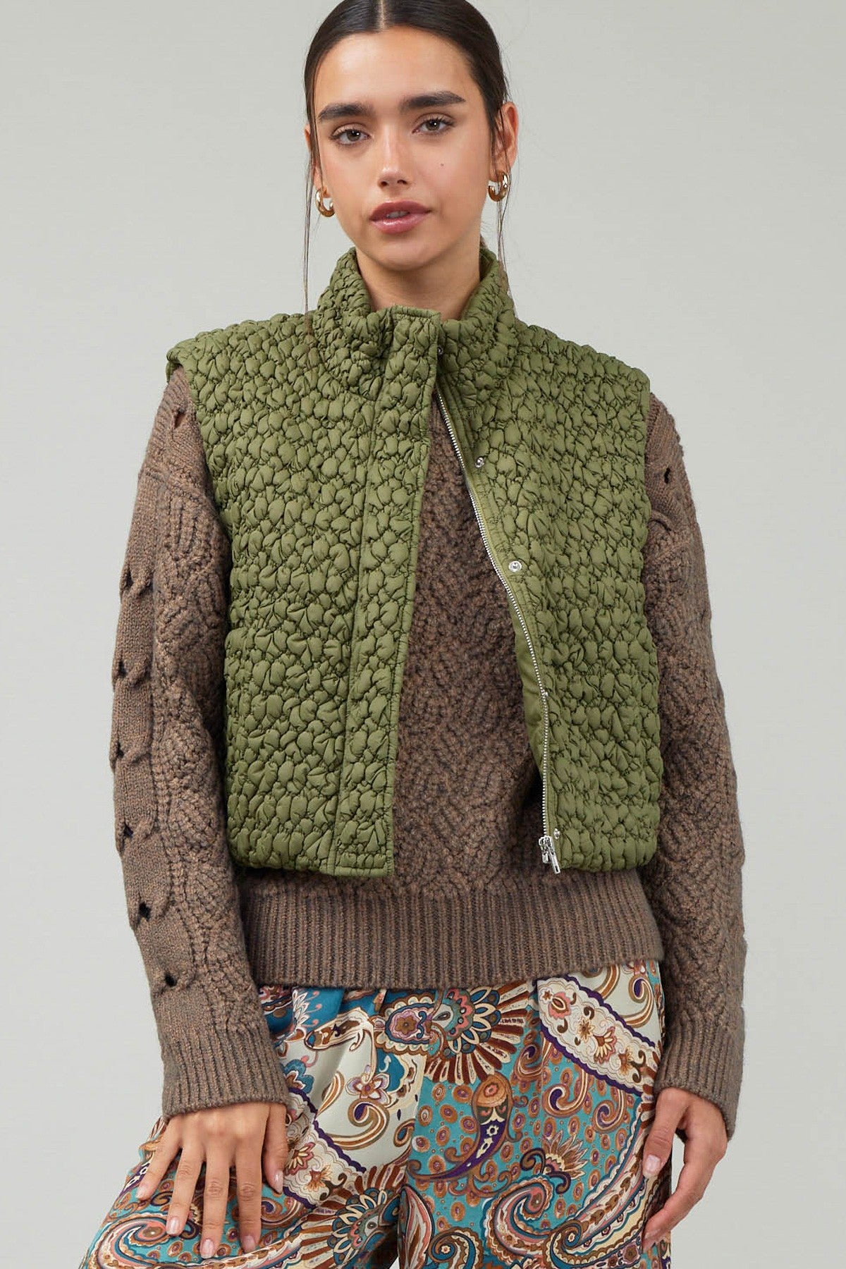 Cropped Bubble Quilted Vest Olive