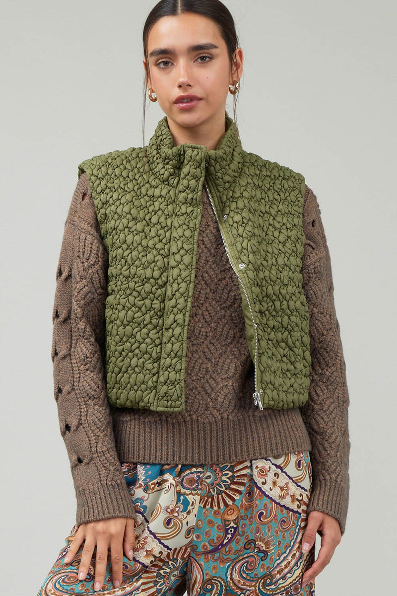 Cropped Bubble Quilted Vest Olive