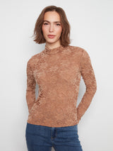 Flocked Lace Long Sleeve Mock Neck Top Truffle