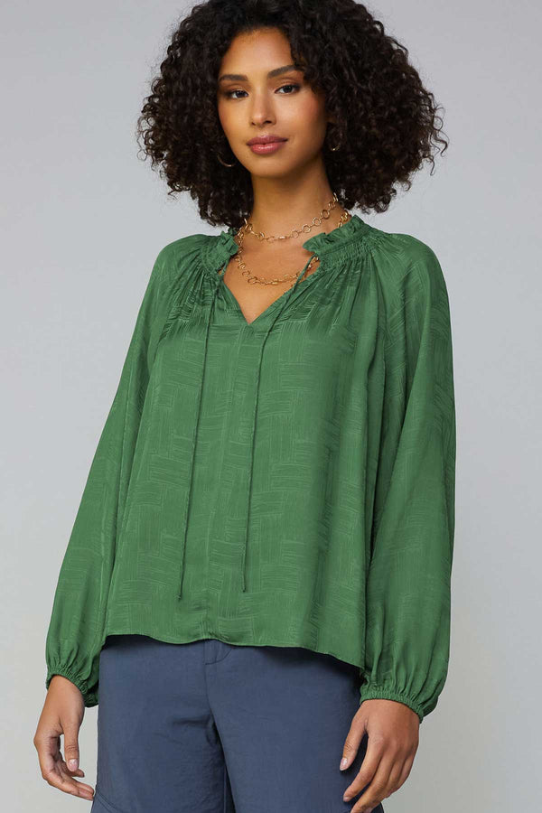 3/4 Sleeve Tonal Brush Print Split Neck Self Tie Blouse Leaf Green