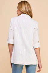 Pinstriped 3/4 Sleeve Linen Oversized Blazer Off White Stripe
