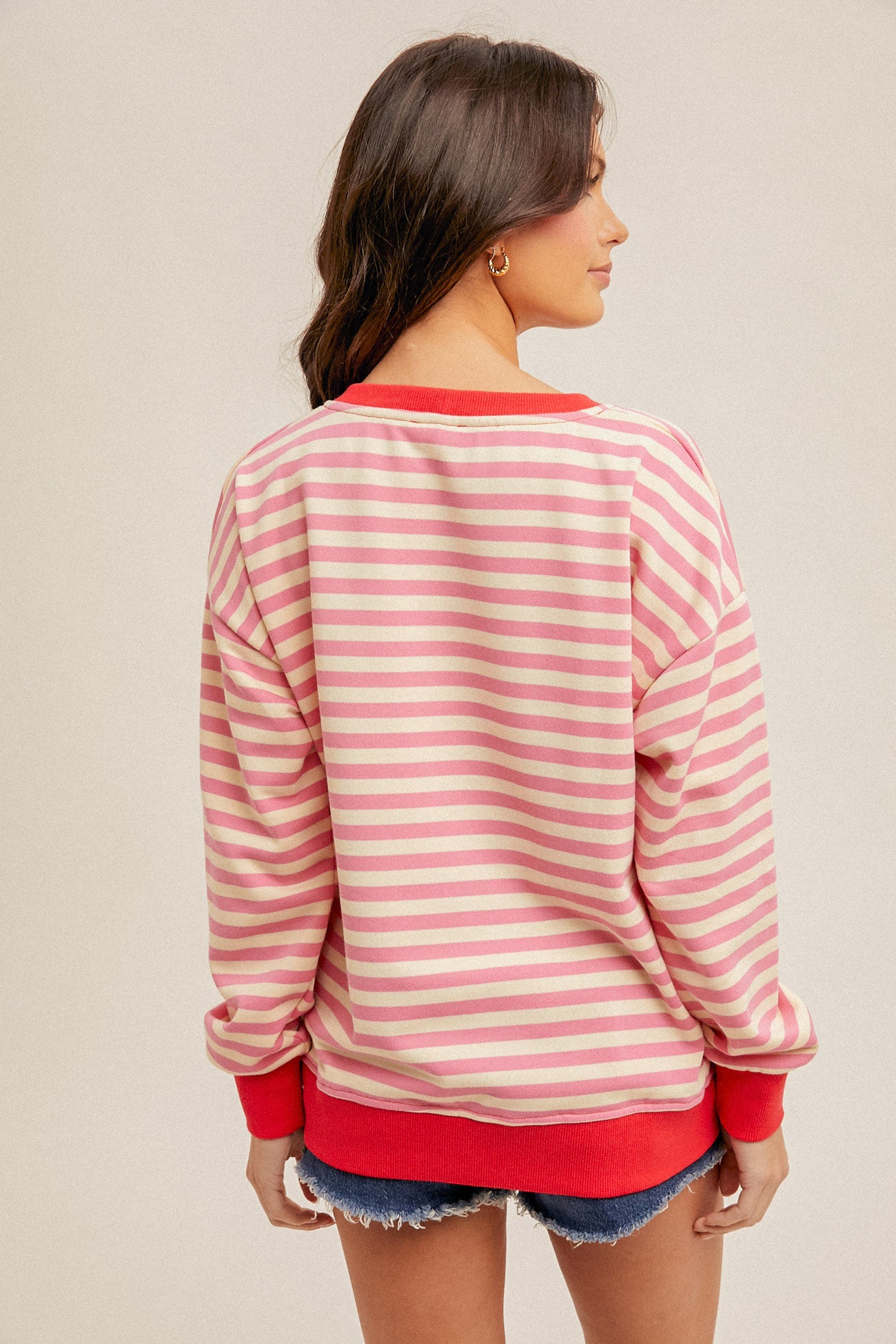 Contrast Rib Stripe Oversized Sweatshirt Cotton Candy Pink