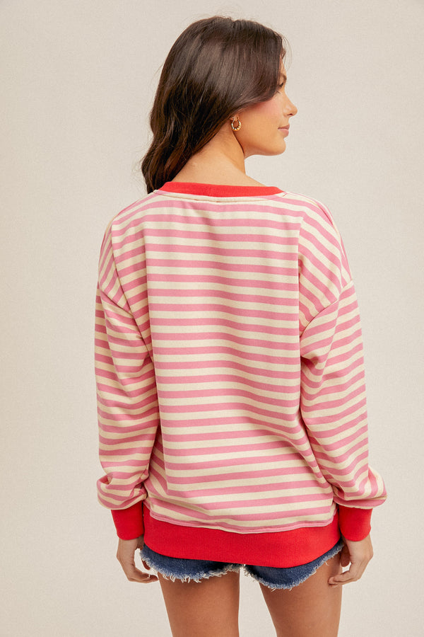 Contrast Rib Stripe Oversized Sweatshirt Cotton Candy Pink