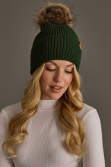 Solid Ribbed Knit Pom Hat Green