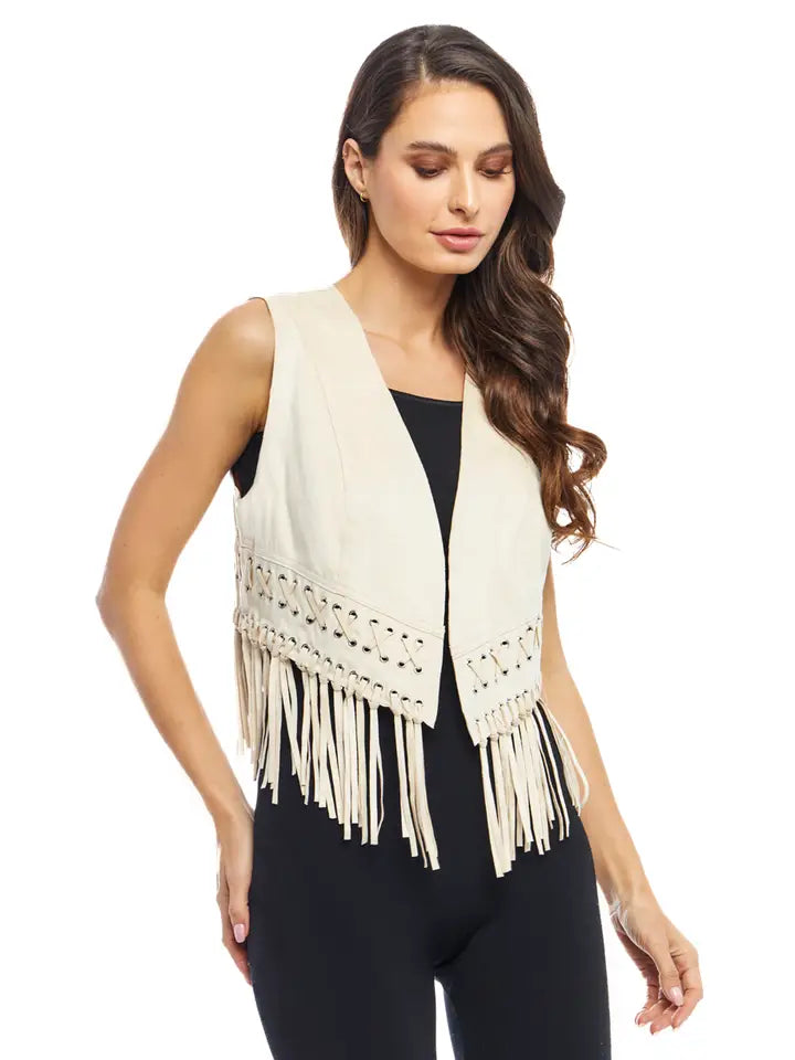 Grommet Laced Assymetric Fringe Suede Vest Bone