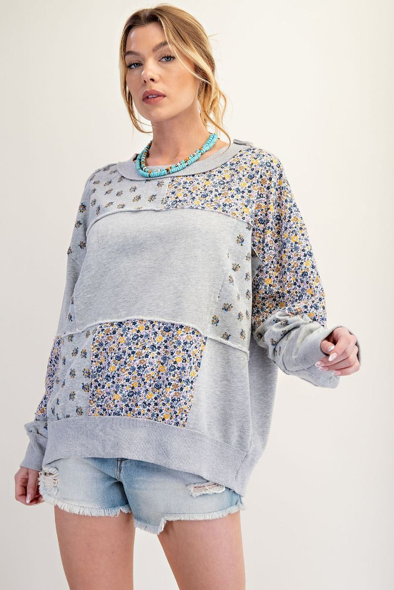 Mineral Wash Mix Floral Patchwork Pullover Heather Grey