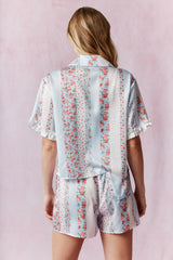 Floral Print Satin Ruffle Detail PJ Set Light Blue Multi