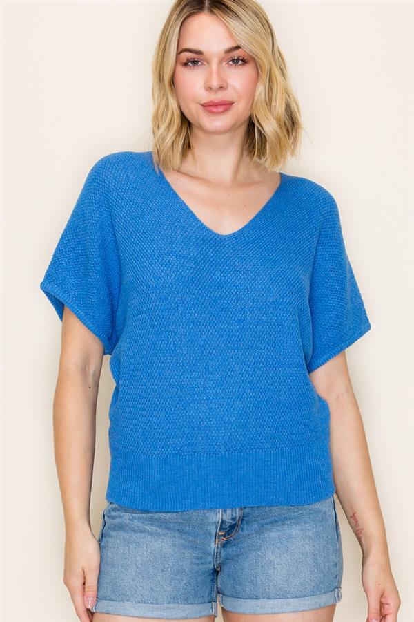 Vneck Mini Waffle Wide Rib Hem Sweater Royal