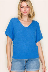 Vneck Mini Waffle Wide Rib Hem Sweater Royal