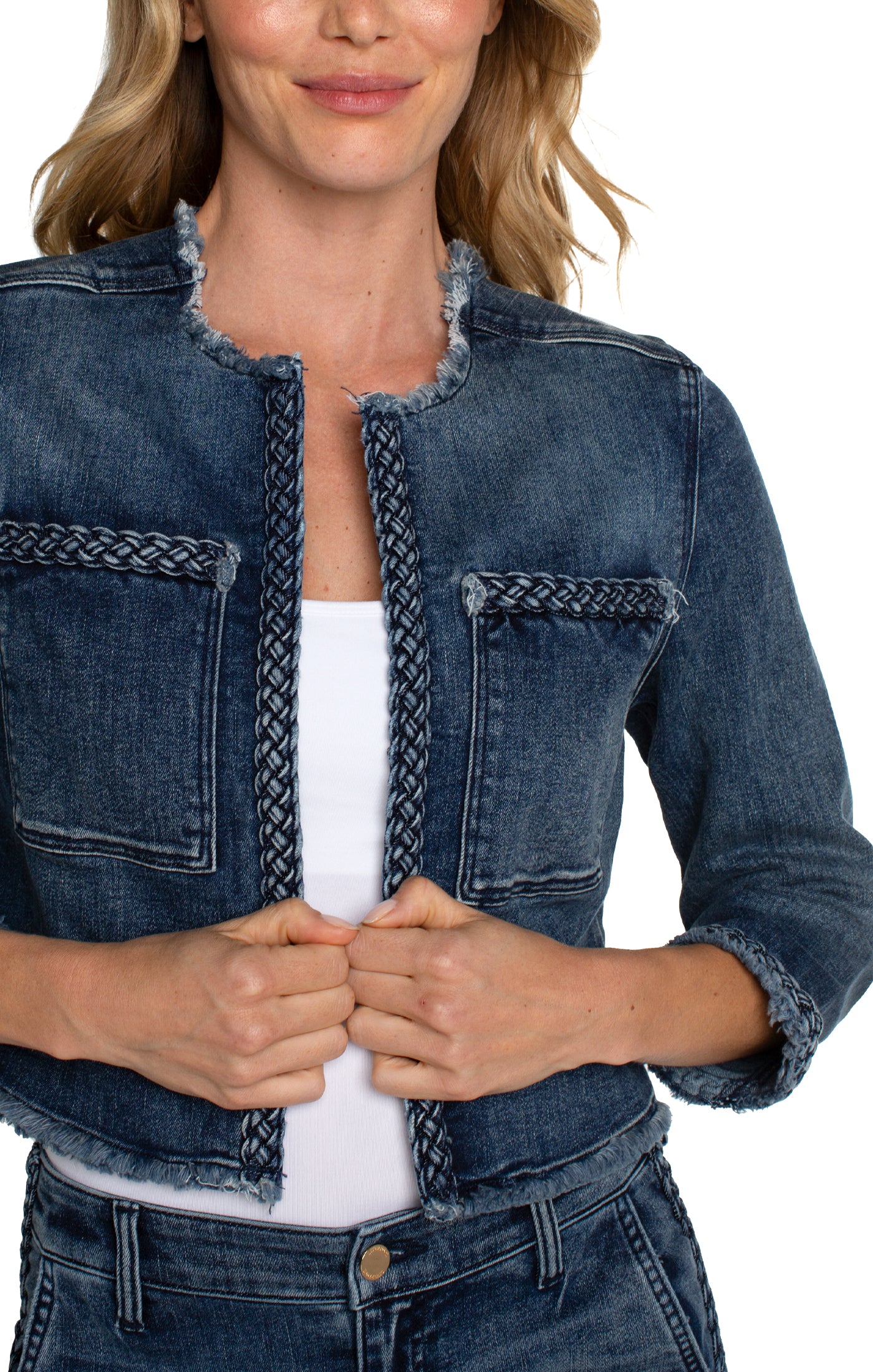 Braid Detail Fray Hem Crop Denim Jacket Ponderay