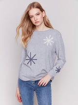 Rounded Hem Stitched Snowflakes Sweater Light Grey