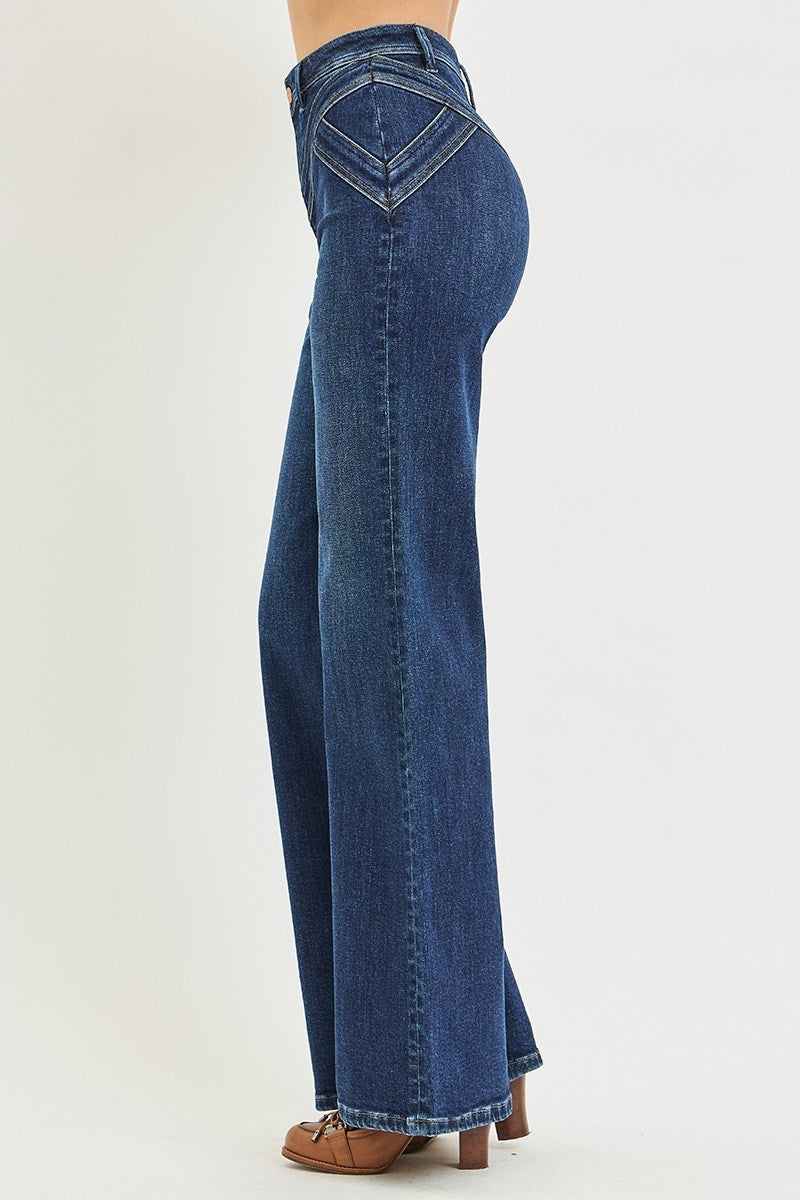 High Rise Wide Leg Western Yoke Detail Jeans Dark