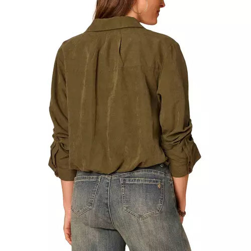 Bubble Hem 3/4 Tucked Sleeve Button Down Shirt Forest Moss