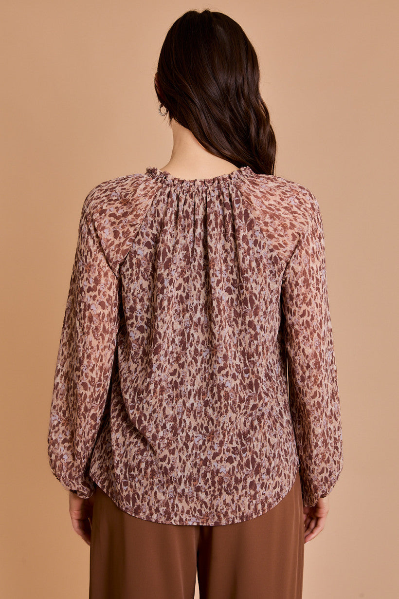 Long Sleeve Tie Neck Abstract Leopard Print Blouse Mocha Abstract