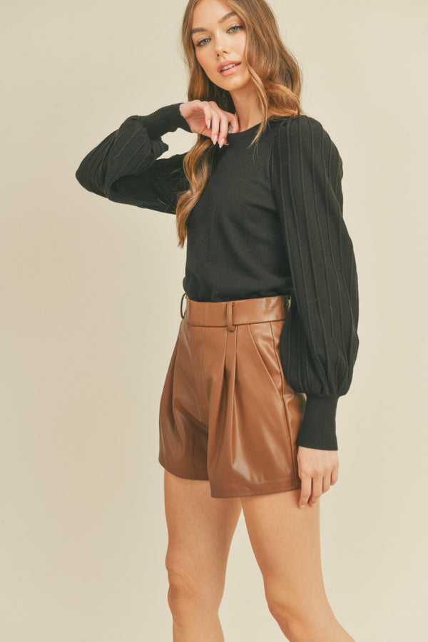 Stripe Texture Balloon Sleeve Pullover Black