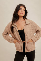 Drop Shoulder Quilted Bomber Jacket Taupe