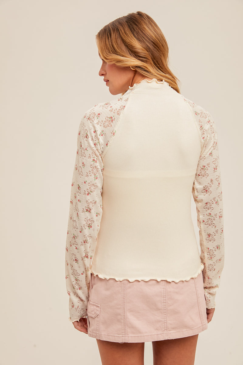 Floral Print Lace Sleeve Mock Neck Contrast Top