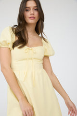 Puff Sleeve Lace Trim Front Tie Mini Dress Light Yellow