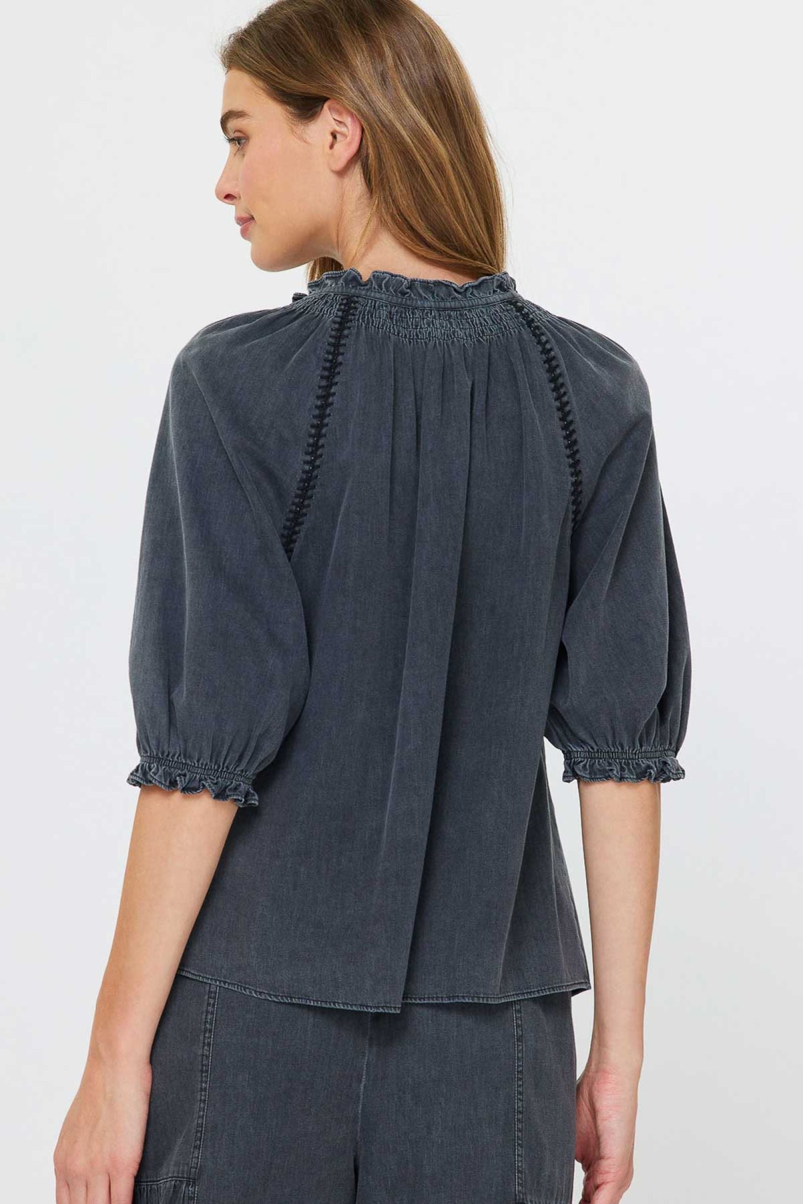 Washed Denim Ruffled Split Tied Neck Smock Cuff Top Black