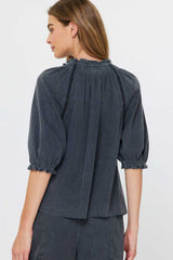 Washed Denim Ruffled Split Tied Neck Smock Cuff Top Black